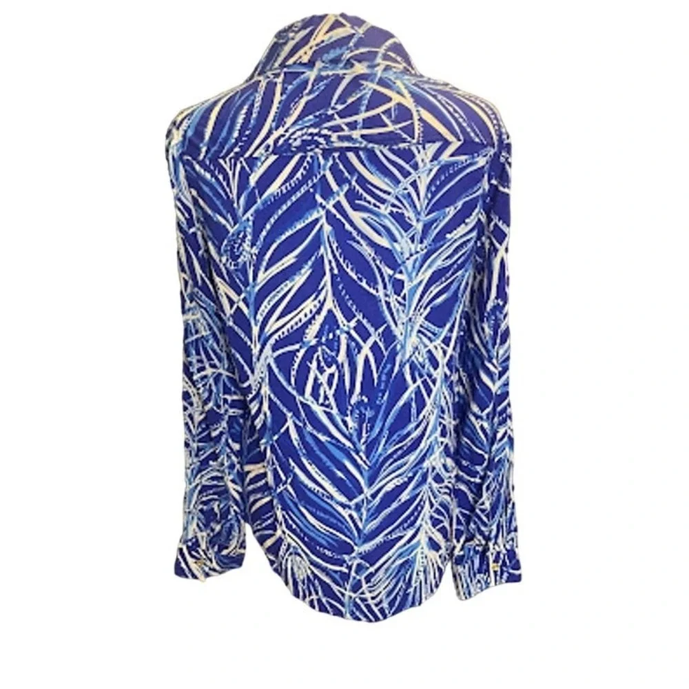 Lilly Pulitzer Button Up Blouse Womens XS Blue‎ Excellent Tropical Palm Print